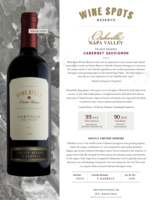 2023 Wine Spots Private Reserve Oakville Cabernet Sauvignon - Tasting Notes thumb